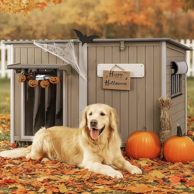 Large Dog House Outdoor Weatherproof XL Dog House Wooden with Adjustable Vent Window, Chew-Proof Iron Frame, Removable Floor, Easy Assembly for Medium to Large Dogs(55" L x 33" W x 35" H)