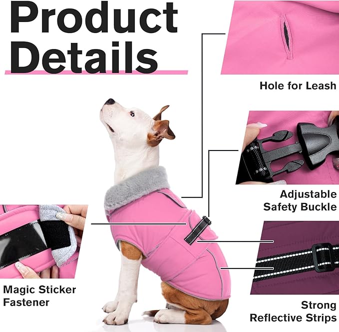 Lelepet Warm Dog Coats for Large Dogs Waterproof Dog Winter Jacket Reflective Pet Fleece Vest Windproof Cold Weather Coats with Adjustable Buckle & Leash Hole, Pink, XL
