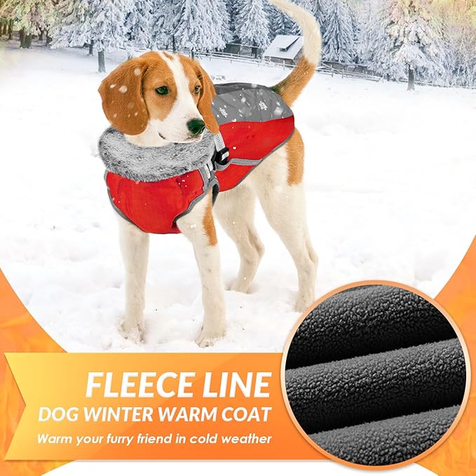 SlowTon Dog Jacket with Harness Built in - Waterproof Fleece Winter Warm Dog Coats for Small Medium Dogs, Reflective Adjustable Furry Puppy Vest Clothes for Outdoor Walking (Red & Black,S)