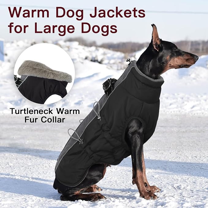 Dog Coat - Warm Zip Up Snowsuit Reflective Water-Resistant Jacket for Large Dogs, Black