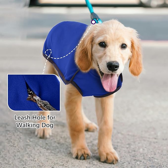 ROZKITCH Dog Fleece Pullover Pajamas with Leash Hole, Pet Windproof Warm Cold Weather Jacket Vest Cozy Jumpsuit Apparel Outfit Clothes for Walking Hiking Travel Sleep Blue XL