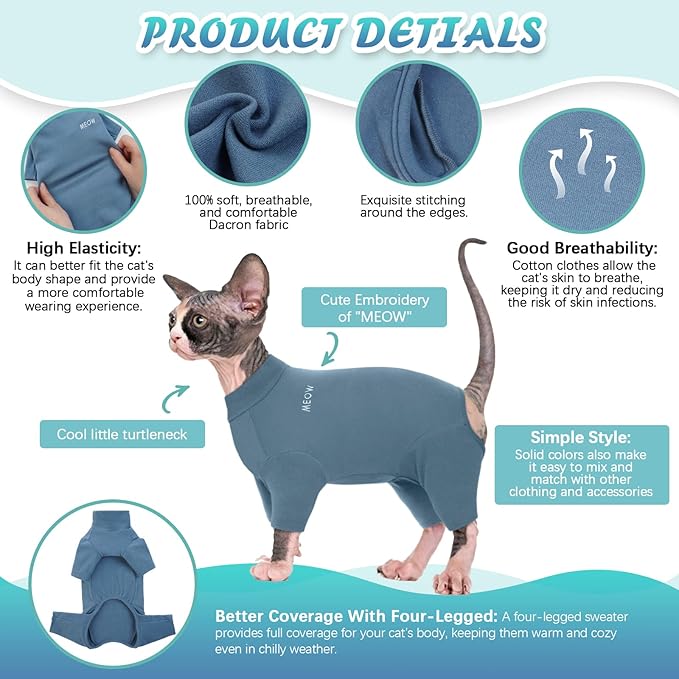 ROZKITCH Sweater for Cat, Breathable Soft Jumpers for Sphynx Only, Coat with Four Legs, Warm Sweater T-Shirt Pajamas Jumpsuit Vest Cornish Rex, Devon Rex, Peterbald Blue XL