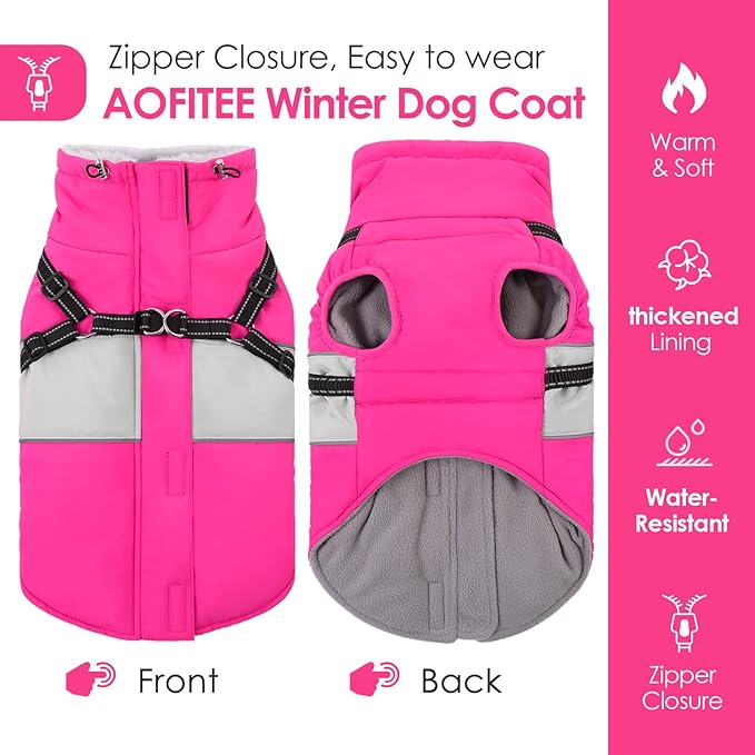 AOFITEE Small Dog Coat, Dog Winter Coat with Harness Built in, Warm Dogs Jacket with Zipper & Polar Fleece Collar, Waterproof Pet Snow Jacket Snowsuit for Schnauzer, Chihuahua Yorkshire, S