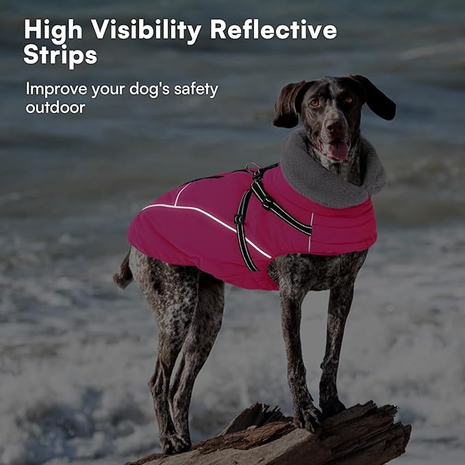 Queenmore Large Dog Coat,Dog Jacket for Extra Large Dogs with Harness Built in,Reflective Waterproof Dogs Jackets with Fleece Lining,Warm Snowsuit Pet Coats for Doberman,Labrador,Rosered,XXL