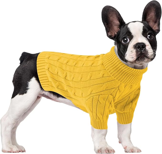Small Dog Thermal Pullover Sweater, Classic Turtleneck Cable Knitwear Dog Clothes for Cold Weather Warm Pet Clothes for Chihuahua, Bulldog, Dachshund, Pug Yellow X-Large