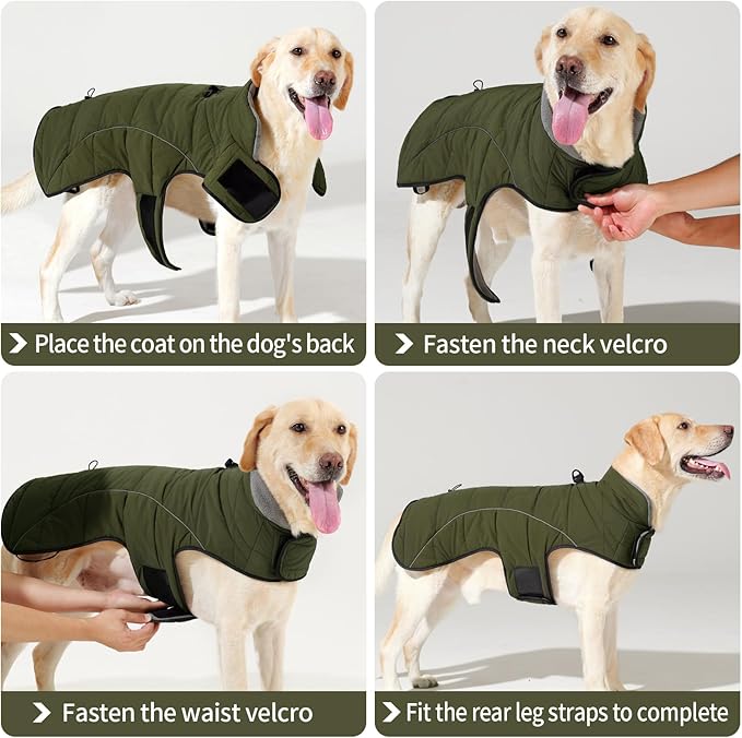 HEYWEAN Dog Winter Coat - Waterproof Windproof Reflective Vest for Medium & Large Breeds Adjustable Warm FleeceLined Jacket with Magic Tape & D-Ring for Leash Cold Weather Apparel (Green, Medium)