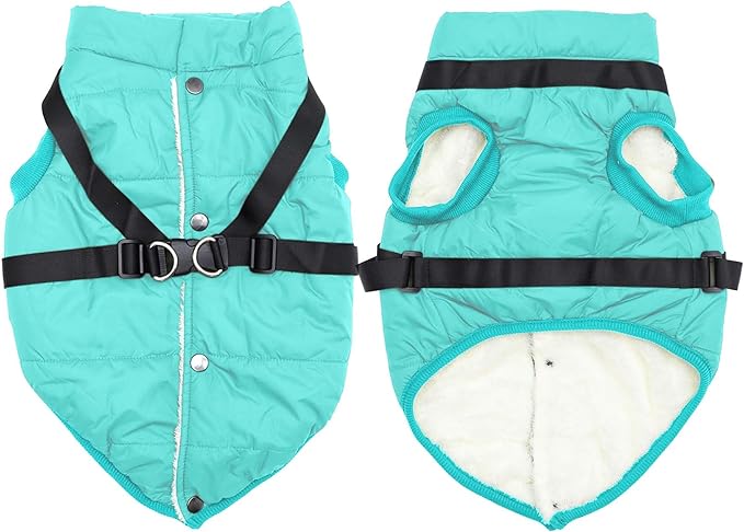 Dog Jacket with Harness,Fleece Lined Warm Puppy Coat for Winter,Soft Windproof Large Dog Vest,Bluegreen XXL