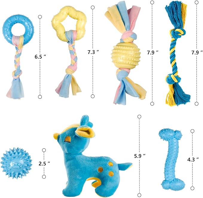 Toozey Puppy Teething Chew Toys - 7 Pack for Small Dogs, Cute Deer Plush Squeaky Toy, Durable TPR Chew Toy, 100% Natural Cotton Rope Toy, Non-Toxic and Safe