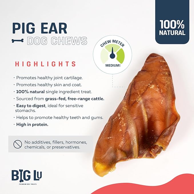 Big Lu – Pig Ear Dog Chews, 12 Count, All-Natural Single-Ingredient Pork Treats, Easily Digestible, Supports Joint Health with Glucosamine and Chondroitin