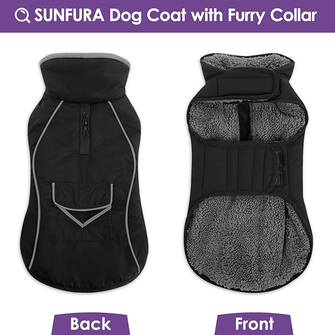 SUNFURA Dog Winter Coat, Medium Dog Coat Jacket with Fleece Lining for Cold Weather, Warm Puffer Jacket Turtleneck Snowsuit with Leash Hole for Jack Russel, Boston Terrier, Black M