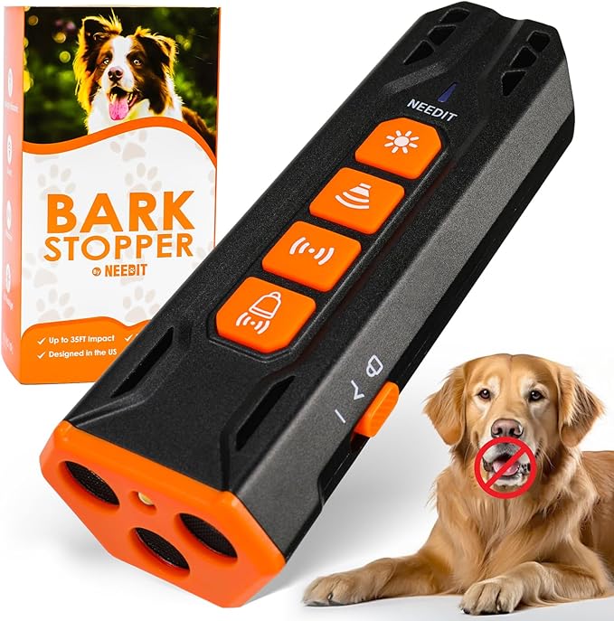 NEEDIT Dog Bark Deterrent Device to Stop Own or Neighbor’s Dog Barking, Biting & Fighting with Long Range – Rechargeable Ultrasonic Portable Anti Barking Device with 3X Sonic Emitters & Flash (Black)