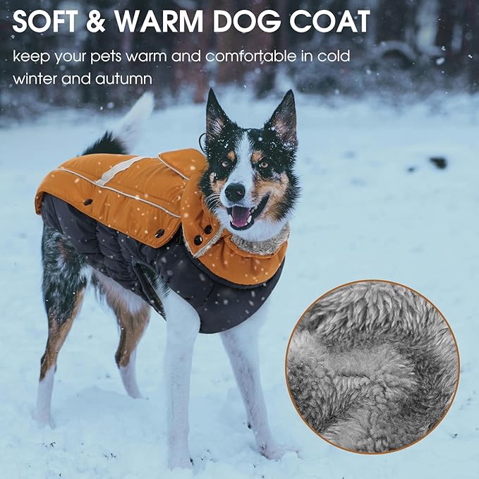 Queenmore Waterproof Dog Coat for Small Dogs,Reflective Windproof Dog Jackets with Leash Hole,Winter Dogs Coat with Zipper On Back,Warm Snowsuit with Fleece Lining（Brown,S
