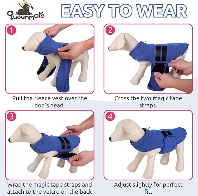 Queenmore Small Dog Sweater, Soft Fleece Vest Pullover Dog Jacket with Leash Hole, Warm Winter Dog Coats Cold Weather Doggy Dachshund Sweaters for Small Dogs Cats Boy or Girl (Blue, XS)