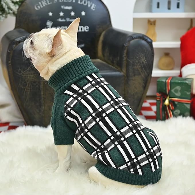 SCENEREAL Turtleneck Dog Sweater for Small Medium Large Dogs Girls Boys, Christmas Plaid Pullover Puppy Sweatershirt, Dogs Cold Weather Outfit Clothes, Ideal Gift for Pet in New Year, Green Plaid ML