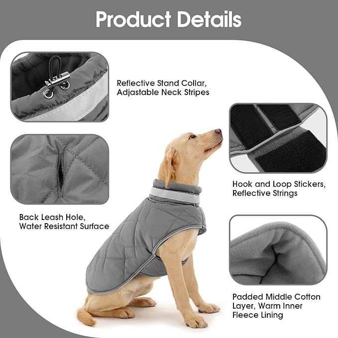 Dog Winter Coat Warm Padded Puppy Jacket Windproof Water Resistant Clothes for Small Medium Large Pets Christmas Sweater Outfit Vest(Grey, 2XL)