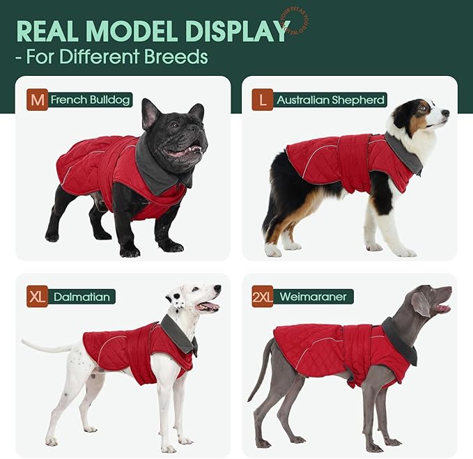 Kuoser Extra Warm Dog Jacket, Windproof Dog Coat Cold Weather Clothes with Fleece Lining for Large Dogs, Turtleneck Pet Snowsuit Reflective Adjustable Winter Clothes, Red XL