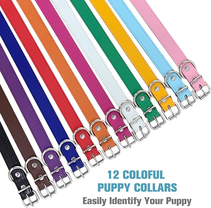 Pet Collars - Leather Small Dog Collars - 12 Color Adjustable ID Collar Identification Leather for Puppy Medium Large Breed Dogs - Neck 14~18 Inches