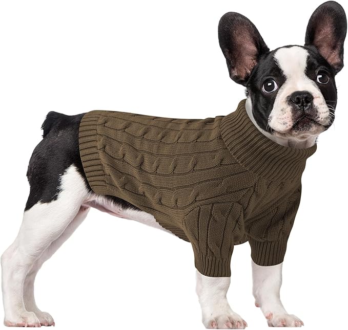 Small Dog Thermal Pullover Sweater, Classic Turtleneck Cable Knitwear Dog Clothes for Cold Weather Warm Pet Clothes for Chihuahua, Bulldog, Dachshund, Pug Tan Small