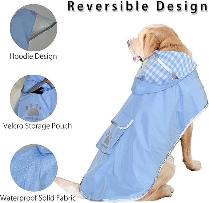MAMORE Dog Raincoat Reversible,Waterproof Dog Rain Coat Hooded Slicker Poncho with Reflective Strip, Plaid Double Layer Rain Jacket for Small Medium Large Dogs (Light Blue, X-Large)