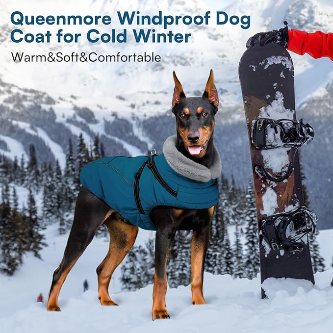 Queenmore Large Dog Jackets,Dog Coats for Extra Large Dogs with Harness Built in,Reflective Waterproof Dogs Jackets with Fleece Lining,Warm Snowsuit Pet Coats for German Shepherd,Blue,XXXL