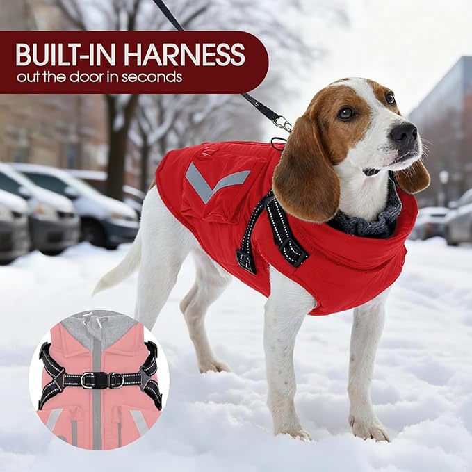 FUAMEY Dog Waterproof Winter Coat, Warm Dogs Jacket Reflective, Pet Fleece Lined Vest with Pockets, Cold Weather Clothes for Doggy, Dog Coats with Built in Harnesses, Schnauzer (Red, M)