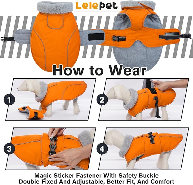 Lelepet Dog Coat Waterproof Dog Jacket Reflective Fleece Vest with Adjustable Buckle & Leash Hole Windproof Cold Weather Coats for Small Medium Large Dogs, Warm Hunting Vest, Orange, XXL