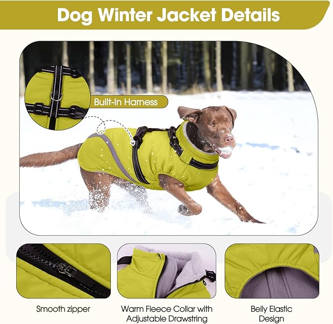 BRKURLEG Dog Winter Jackets for Medium Dogs, Dog Coat with Harness Built in, Dogs Snowsuits with Zipper, Waterproof Windproof Pet Puffer Jacket Fleece Vest for Pug, French Bulldog, Green M