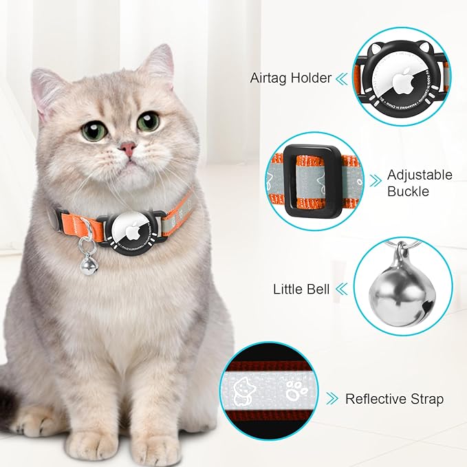 Airtag Cat Collar, Reflective Cat Collar with Apple Air Tag Holder, Breakaway GPS Tracker Pet Collar with Bell for Cat Kitten, Airtag Not Included, Orange, S(9-11 Inch)