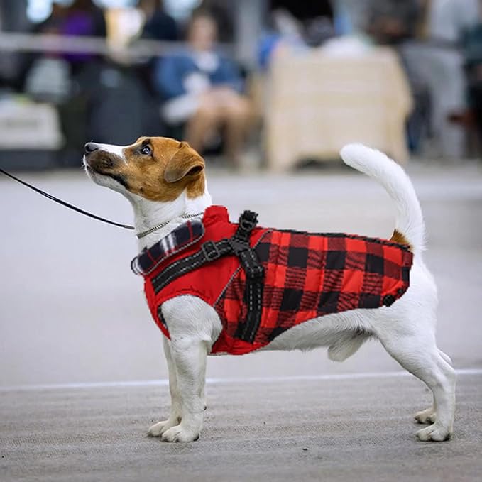 Dog Coat with Harness,Small Dog Winter Coat,Doggie Jackets with Built in Harness,Adjustable Warm Jacket for Medium Large Dogs,Pet Puppy Cold Weather Coats for Dogs Waterproof (PlaidRed, XX-Large)