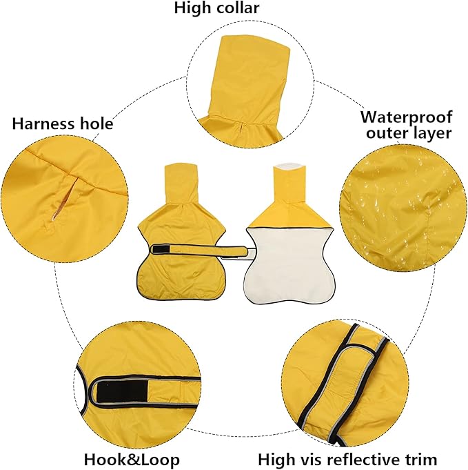 Dog Raincoat with Reflective Bar, Rain/Water Resistant, Adjustable Vest - Dog Raincoats for Greyhounds, Lurchers and Whippets - Yellow - S