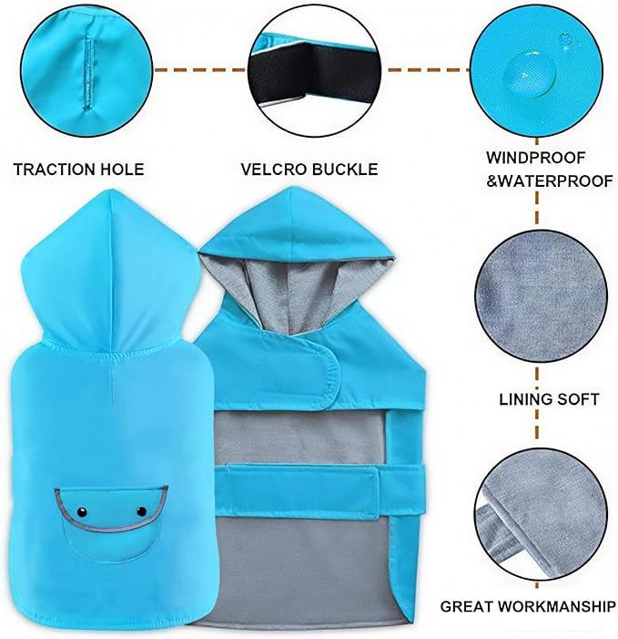 Dog Raincoat Dogs Rain Jacket Reflective Poncho Rainwear Waterproof Pet Clothes Warm Lined Pocket Hooded Leash Hole Adjustable for Puppy Small Dogs,Blue,M,Back Length 10.0 Inch