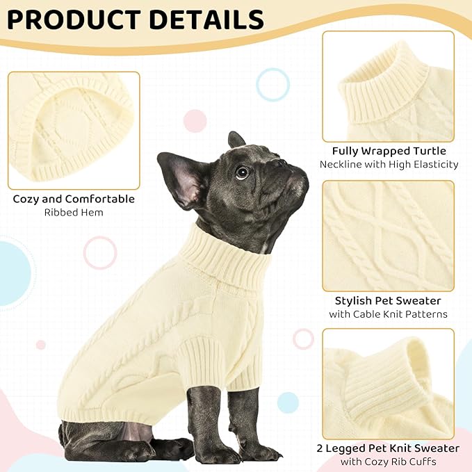 Queenmore Small Dog Pullover Sweater, Cold Weather Cable Knitwear, Classic Turtleneck Thick Warm Clothes for Chihuahua, Bulldog, Dachshund, Pug (White, X-Large)