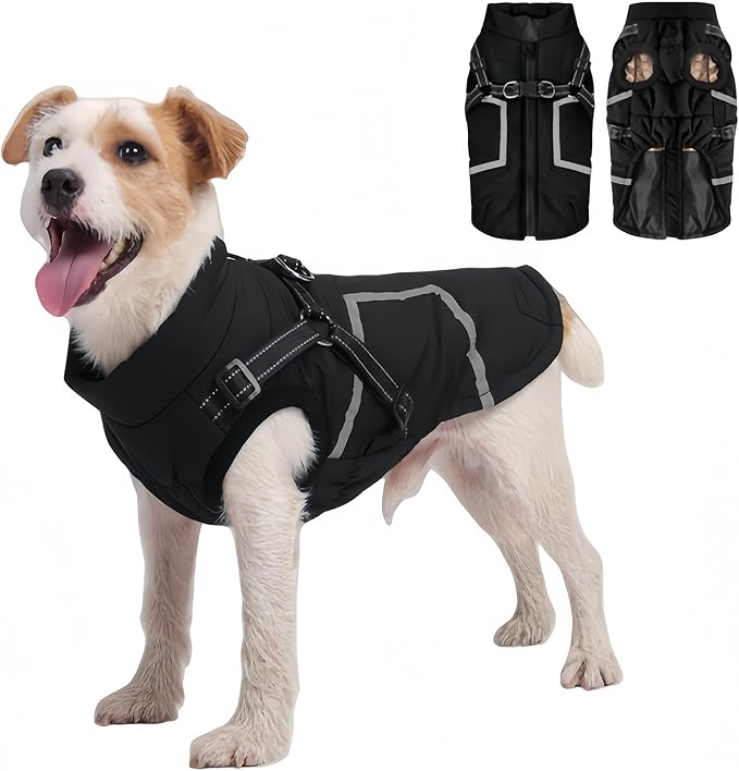 Warm Dog Coat Reflective Jacket, Waterproof Winter Coat for Dogs Turtleneck Dog Clothes for Cold Weather (Black, L(Chest:15.7-18.9",Neck:(15.3"))