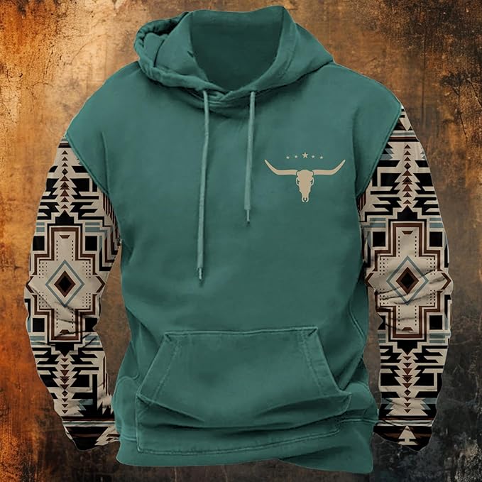 HOTYD Mens Western Aztec Sweatshirts Long Sleeve Fall Fashion Drawstring Pullover Vintage Graphic Cowboy Hoodie for Men