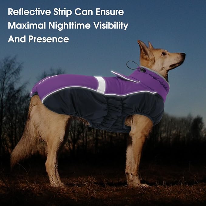 Queenmore Waterproof Dog Coat for Small Dogs,Reflective Windproof Dog Jackets with Leash Hole,Winter Dogs Coat with Zipper On Back,Warm Snowsuit with Fleece Lining（Purple,S