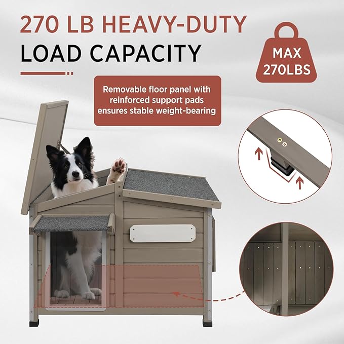 Outdoor Dog House, Weatherproof Wooden Kennel for Medium Dogs, Large Wooden Dog House with Chew-Proof Iron Frame, Removable Floor (Grey, 43.5"D x 29.5"W x 33.5"H) (Grey, 43.5" D x 29.5" W x 33.5" H)