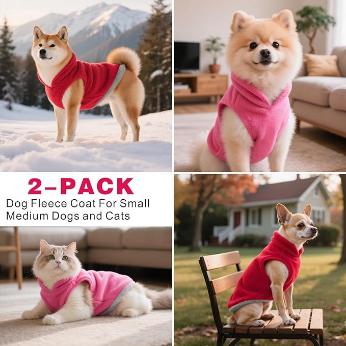 Idepet 2 Pack Dog Fleece Vest Sweater Warm Pullover Jacket with D-Ring Leash Reflective Winter Coat Hoodie for Puppy Cat French Bulldog Pug Chihuahuas Yorkies Dachshunds (Red&Rose Red,Large)