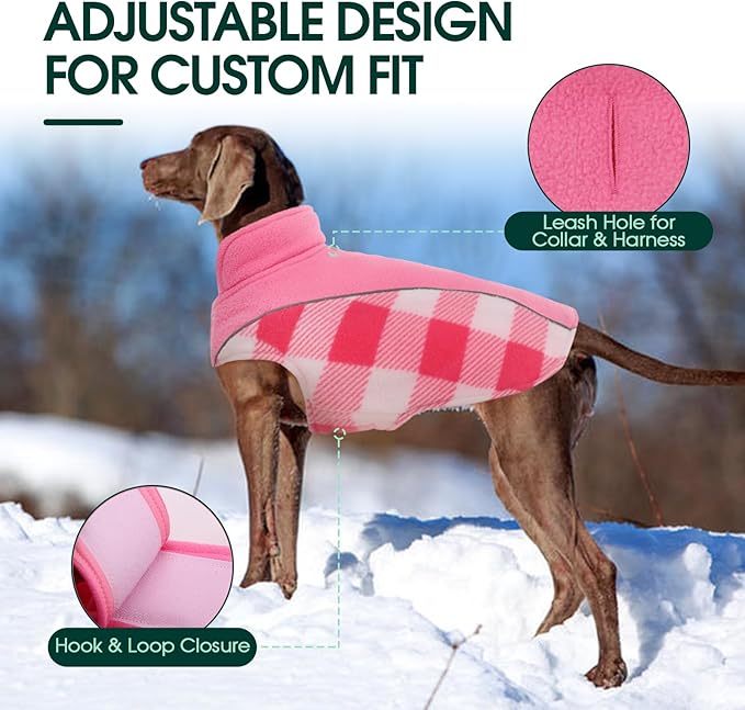 Kuoser Dog Winter Coat, Reversible Waterproof Dog Jacket with Leash Hole, Warm Dogs Fleece Vest Adjustable Doggy Cold Weather Clothes Plaid Christmas Outfit Pet Apparel for Extra Large Dogs, Pink 3XL