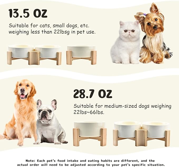 SPUNKYJUNKY 15° Slanted Ceramic Dog and Cat Bowl with Wooden Stand, Tilted Bulldog Food and Water Bowl No Slip Non-Spill for Cats Medium Dogs Big Face Pets 28.7 OZ (3.6 Cups, Beige)