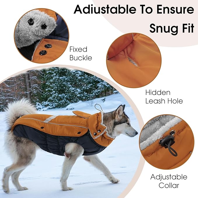 Queenmore Waterproof Dog Coat for Small Dogs,Reflective Windproof Dog Jackets with Leash Hole,Winter Dogs Coat with Zipper On Back,Warm Snowsuit with Fleece Lining（Brown,S
