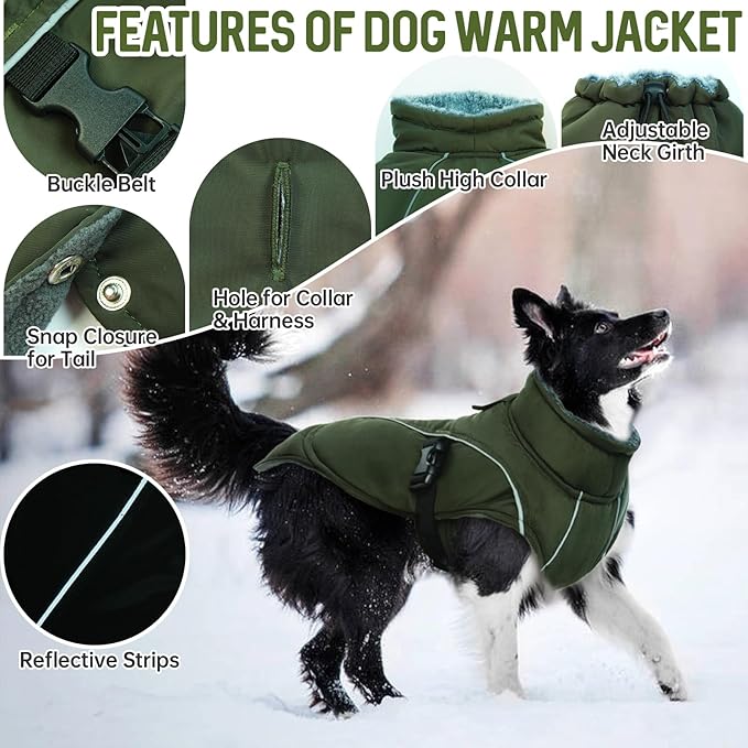 DENTRUN Dog Winter Coat - Windproof Reflective Jacket, Plush Turtleneck & Adjustable Belt, Water Repellent Fleece Lined Cold Weather Vest for Corgi Bulldog, Army Green, L