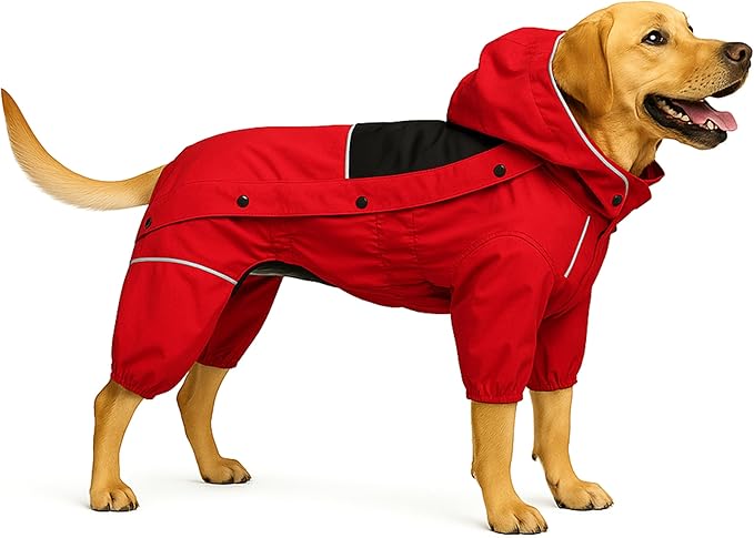LOVELONGLONG Fleece-Lined Dog Raincoat with Removable Hood – Waterproof Winter Full Body Dog Jacket – Windproof Snowproof Cold-Weather Suit – Red-F S