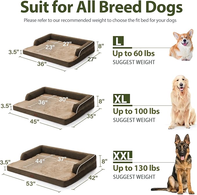 Orthopedic XXL Dog Beds, Waterproof Egg Crate Foam Big Pet Bed for All Breed Sized Dogs 53x42Inch, Washable Extra Large Dog Couch Bed with Removable Cover and Non-Slip Bottom, Brown
