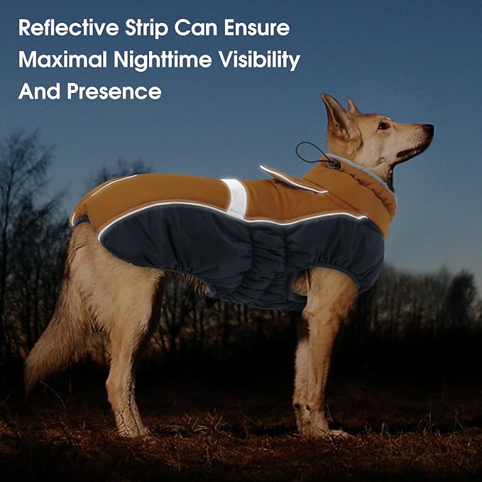 Queenmore Waterproof Dog Coat for Small Dogs,Reflective Windproof Dog Jackets with Leash Hole,Winter Dogs Coat with Zipper On Back,Warm Snowsuit with Fleece Lining（Brown,S