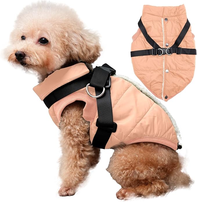Dog Jacket with Harness,Fleece Lined Warm Puppy Coat for Winter,Soft Windproof Small Dog Vest,LightOrange XS