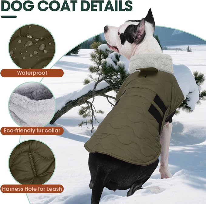 Kuoser Large Dog Coat, Winter Waterproof Dog Jackets for Large Dogs, Doggie Vest with Leash Hole, Cold Weather Coats Pet Snow Jacket for Labrador Beagle, Green XXL