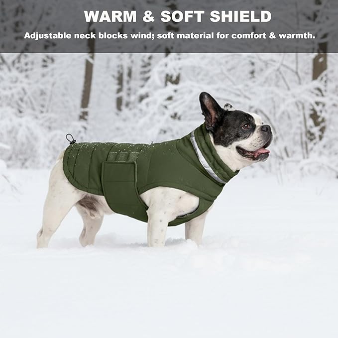 Dog Coat, Waterproof Winter Jacket, Warm Windproof Vest, Reflective Adjustable Turtleneck Coats for Medium and Large Dogs with Hook & Loop - Green - L