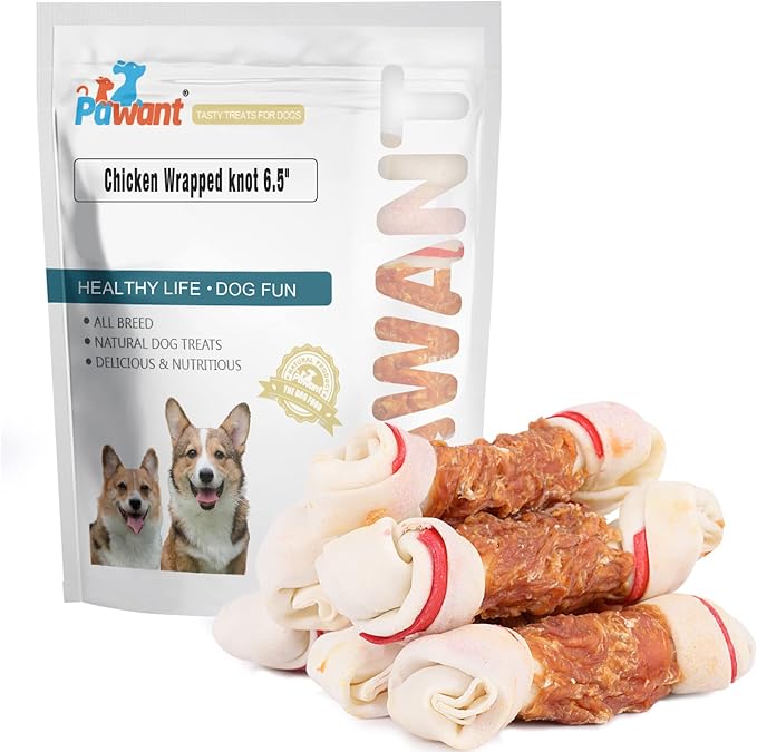 Dog Treats Chicken Wrapped Rawhide Bones for Small Dog Treats Puppy Chews Snacks Promotes Healthy Chewing Chicken Wrapped Knot 6.5" 1lb