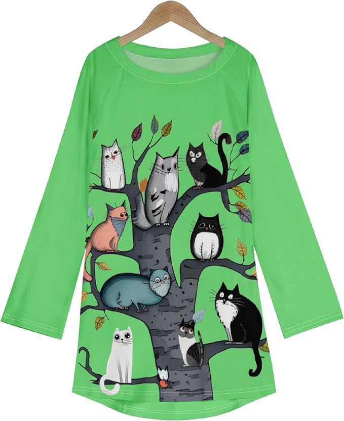 Womens Tunic Shirt Cute Cat Print Long Sleeve Round Neck Women T Shirts Cotton Casual Plus Size Vacation Tunics Tops