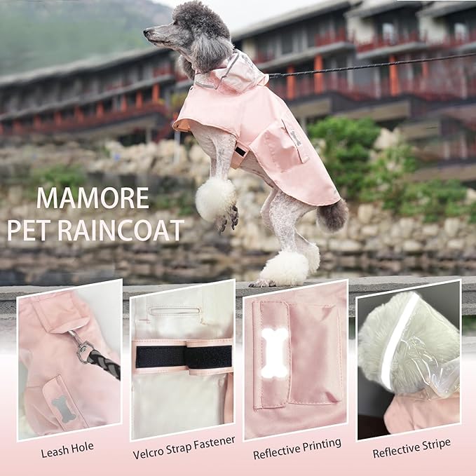 Dog Raincoat Waterproof, Adjustable Reflective Hooded Dog Rain Poncho with Leash Hole for Small Medium Large Dogs (Pink, X-Large)